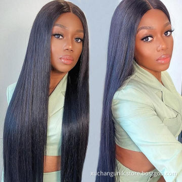 Wholesale glueless pre plucked transparent swiss lace wig for black women raw brazilian 100% human hair straight lace front wigs